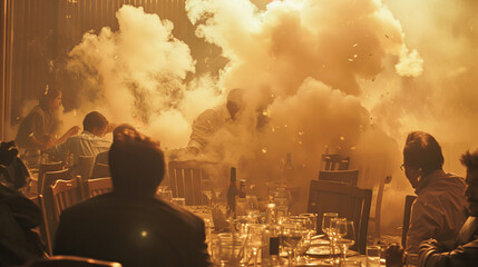 A group of people are sitting at a table with a lot of smoke in the background - obrazy, fototapety, plakaty