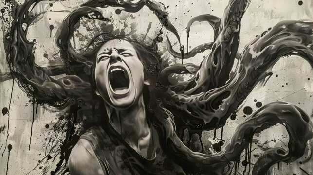 A woman with long hair is screaming in a painting