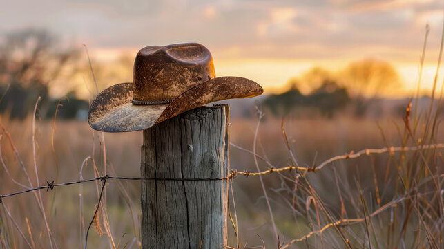 A cowboy hat is sitting on a wooden post