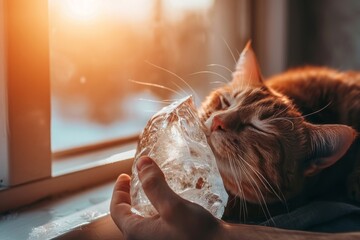 A Calm Cat Finds Relief from the Summer Heat with an Ice Pack, Showcasing a Whimsical Side of Pet Care, Generative AI