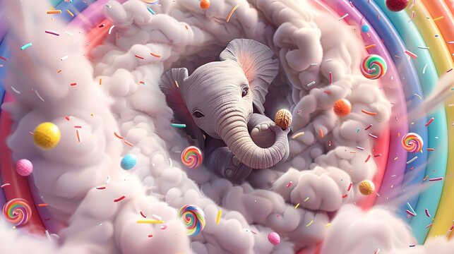 a floating baby elephant, looking towards the viewer as if emerging from a dreamlike spiral vortex of soft, fluffy cloud-like, colored candy floss lollipops fall from the sky into 