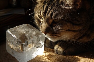 A Pensive Cat Contemplates an Ice Cube in the Warmth of the Sunlight, Embracing the Quiet of Domestic Bliss, Generative AI