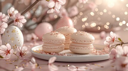   A table holds three macaroons near a tree adorned with pink blossoms; eggs in the backdrop