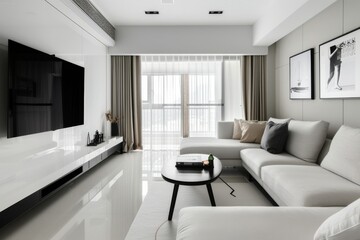 Fototapeta na wymiar Modern minimalist living room with sleek furniture and large windows