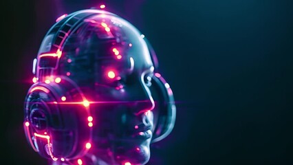 Headphones, cyber and face or robotic with futuristic for streaming, music or podcast with technology. Headset, electronics or sound wave with glow for audio therapy, digital or neon at night