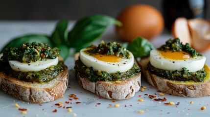  eggs atop pesto-smeared bread; eggs in the background