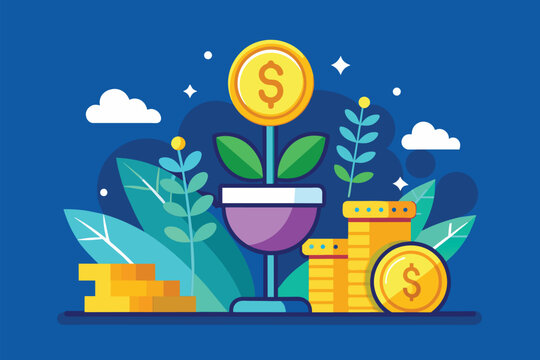 A plant sprouting from a stack of coins, symbolizing growth and prosperity through financial investments, money investment, Simple and minimalist flat Vector Illustration