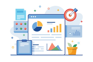 A magnifying glass placed on top of a laptop for data analysis and research, monthly report data analysis, Simple and minimalist flat Vector Illustration