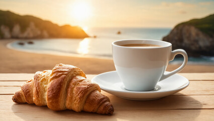 Cup of cappuccino coffee and croissant on a table with a summer background of beach and sea at sunrise or sunset. Lifestyle concept of an outdoor break. 