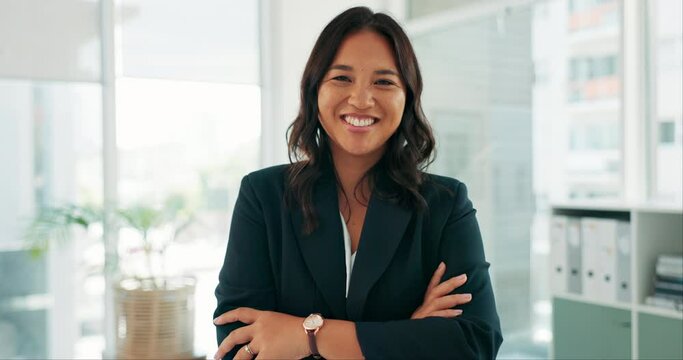 Smile, portrait and confident Asian woman in office with pride, opportunity and job in human resources. HR manager, about us and consulting agency for employee relations, compliance and legal advice.