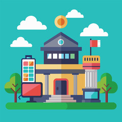 A house displaying a flag on its rooftop, Multimedia school trending, Simple and minimalist flat Vector Illustration