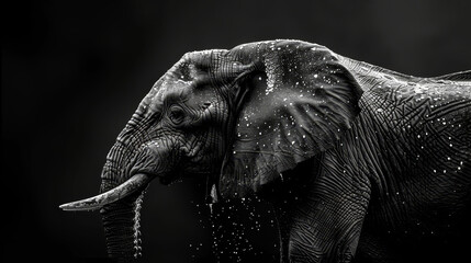   A black-and-white image of an elephant using its trunk to splash water on its face, displaying tusks
