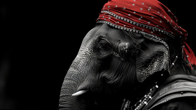   A monochrome image of an elephant donning a red turban against a jet-black backdrop
