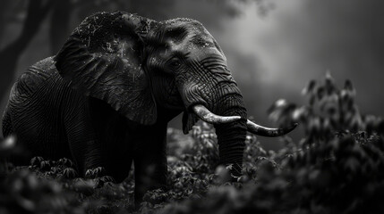   A black-and-white image of an elephant with two prominent tusks curving down from its upper jaw - obrazy, fototapety, plakaty