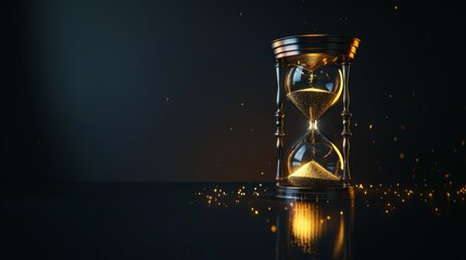 Glass hourglass depicted on a dark background with glowing sand, emphasizing the passage of time. - obrazy, fototapety, plakaty