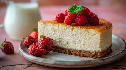   A slice of cheesecake topped with raspberries sits on a plate Nearby, a glass of milk and a few strawberries wait