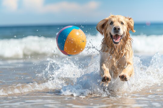 A happy dog plays in the waves at the beach, with a colorful beach ball bouncing nearby, capturing the essence of summertime joy