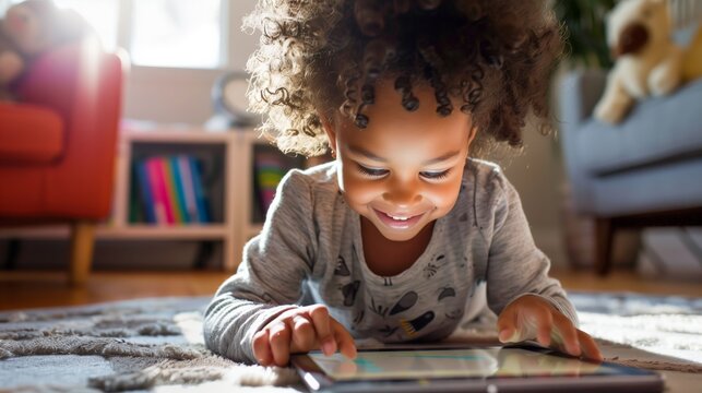 Young child plays on tablet on the living room floor