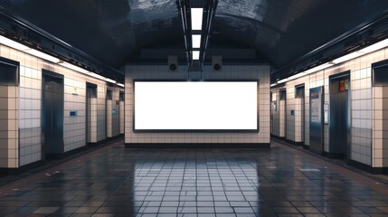 Mockup image displaying blank billboard white screen posters and LED displays in a subway station for advertising purposes.