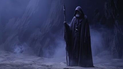 Sinister hooded figure on gloomy background, mysterious aura, danger, fear, horror. - obrazy, fototapety, plakaty