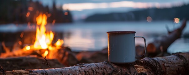 Serene lakeside camping evening with campfire - obrazy, fototapety, plakaty
