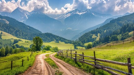 A winding country road cuts through lush green mountains under a clear summer sky