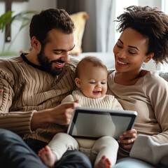 Happy parents, having fun, using laptop, holding cute little baby child sitting on couch