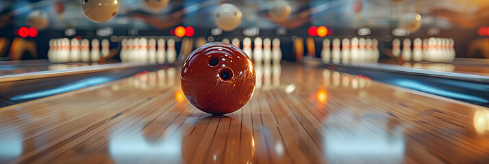 Close-up of a bowling ball hitting pins - obrazy, fototapety, plakaty