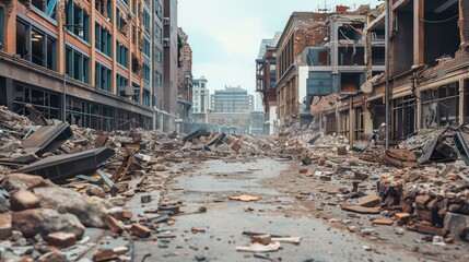 Desolate ruins of city after apocalypse, apocalyptic collapse, building destruction, urban decay. - obrazy, fototapety, plakaty
