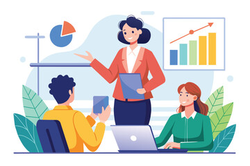 Office secretary presenting to colleagues during a meeting in a conference room, Office secretary doing meeting presentation, Simple and minimalist flat Vector Illustration