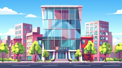 A colorful vector illustration of a modern skyscraper designed as an isolated hotel tower on a bustling city street