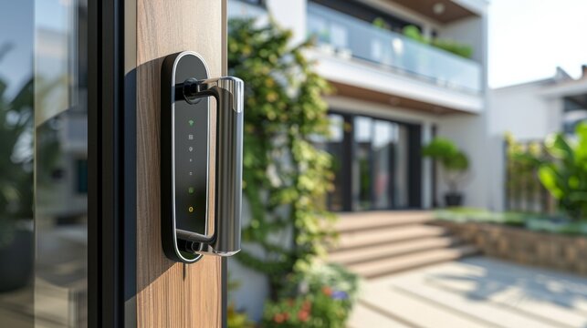 Close Up of Metal Door Handle on Wooden Door