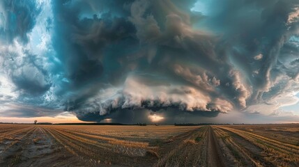 A dramatic scene as a massive storm cloud looms over open fields, signaling an impending storm
