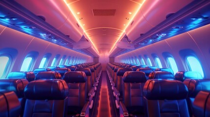 The interior of a passenger aircraft captured in full light, showcasing an empty salon view - obrazy, fototapety, plakaty