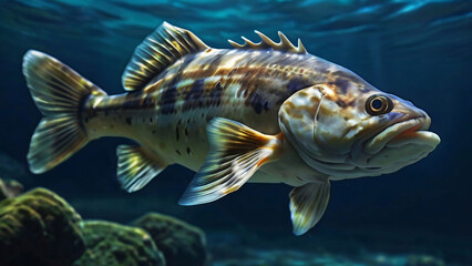 Fototapeta premium Cod Swimming Hunting For Food In Its Natural Habitat Underwater Photography Style 300 PPI High Resolution Image