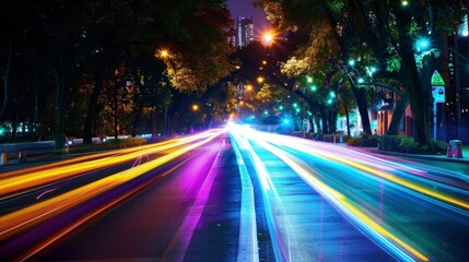 An urban night scene captured through long exposure photography