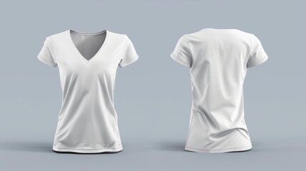 Women's t-shirt with a v-neck mockup, displaying front and back views. This design presentation is intended for print purposes, rendered in 3D illustration for a realistic portrayal. - obrazy, fototapety, plakaty