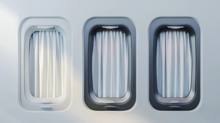 A set of vector illustrations showing realistic aircraft windows with curtains in various positions