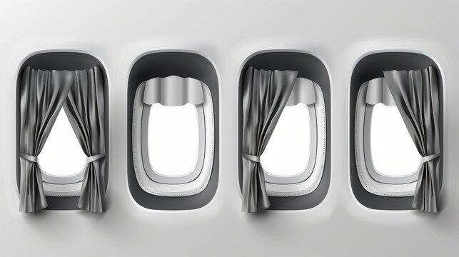 A set of vector illustrations showing realistic aircraft windows with curtains in various positions