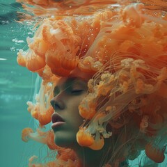 Calm underwater composition showing the grace of orange jellyfish floating serenely against a soft teal ocean backdrop