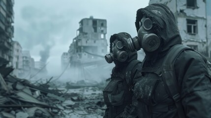 A couple of people in gas masks among the ruins of the city protect against the epidemic of survival in the post-apocalypse. - obrazy, fototapety, plakaty