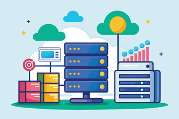 Piles of Data on Blue Background, online database big data storage information base computer application, Simple and minimalist flat Vector Illustration