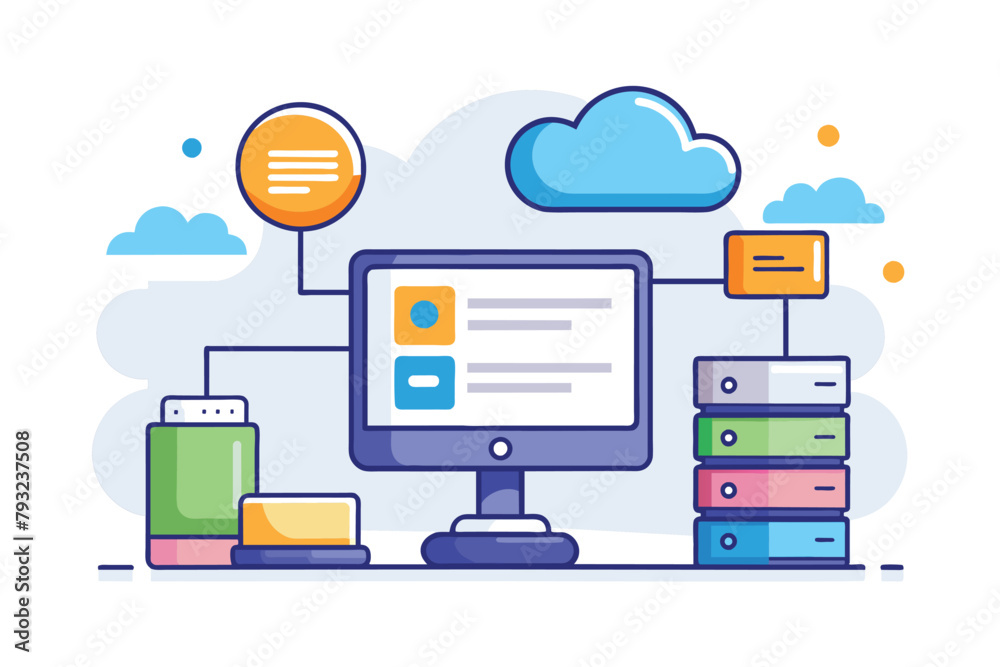 Poster a computer monitor placed on a desk in an office setting, online database cloud disk and information