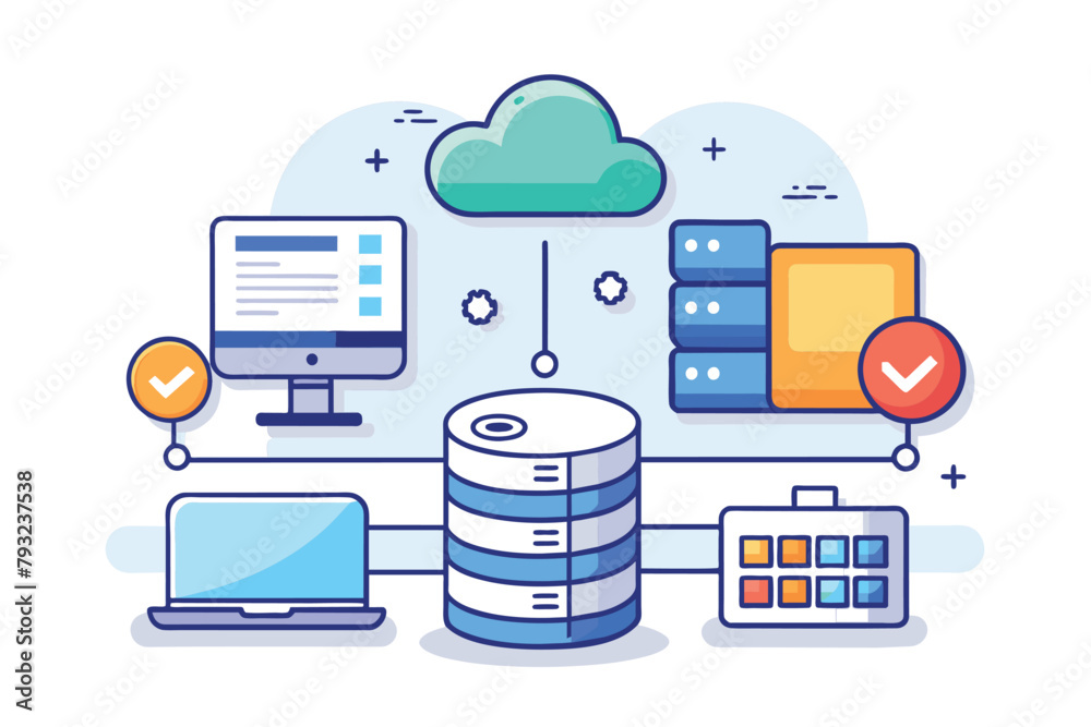 Poster cloud computing system with laptop and monitor, online database cloud disk, data storage information