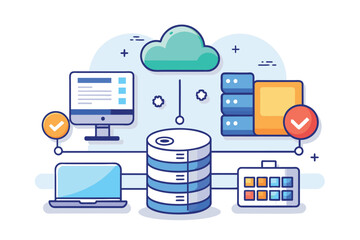 Cloud Computing System With Laptop and Monitor, online database cloud disk, data storage information base computer applications, Simple and minimalist flat Vector Illustration