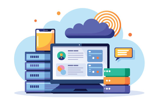A laptop computer placed on top of a stack of books, man with laptop managing cloud data database folder, Simple and minimalist flat Vector Illustration