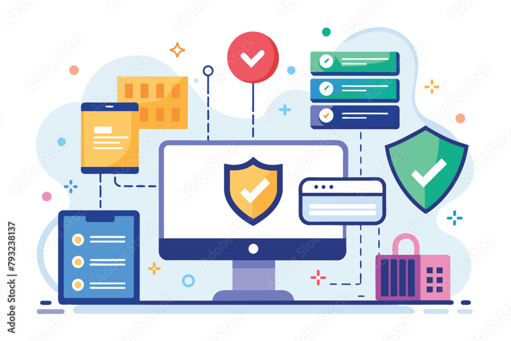 Poster shield placed on computer screen for online data security, online data security solution, simple and