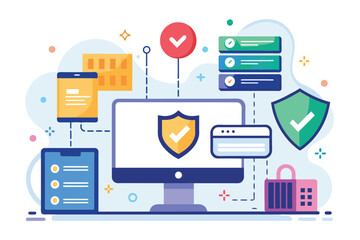 Shield placed on computer screen for online data security, Online data security solution, Simple and minimalist flat Vector Illustration