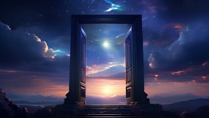 A doorway in the sky leading to a realm of eternal twilight