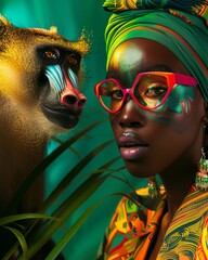A bright and colorful mandrill appears alongside rich jungle flora, combined with the vivid patterns of African textile culture